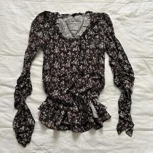 Marithe Francois Girbaud burgundy cream floral long sleeve top size small